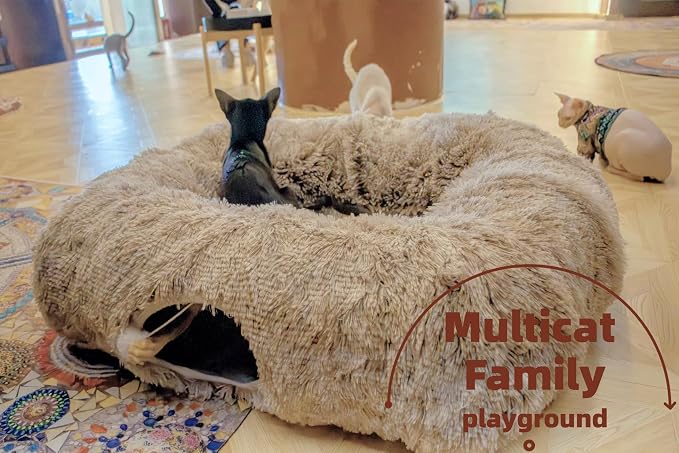 XxingSheep Extra Large Cat Tunnel Bed Plush Cat Cave for Indoor Cats | Cozy tunnel design can also work as a festive cat tree skirt to help keep cats away from Christmas decorations Yellow-Brown - Image 2