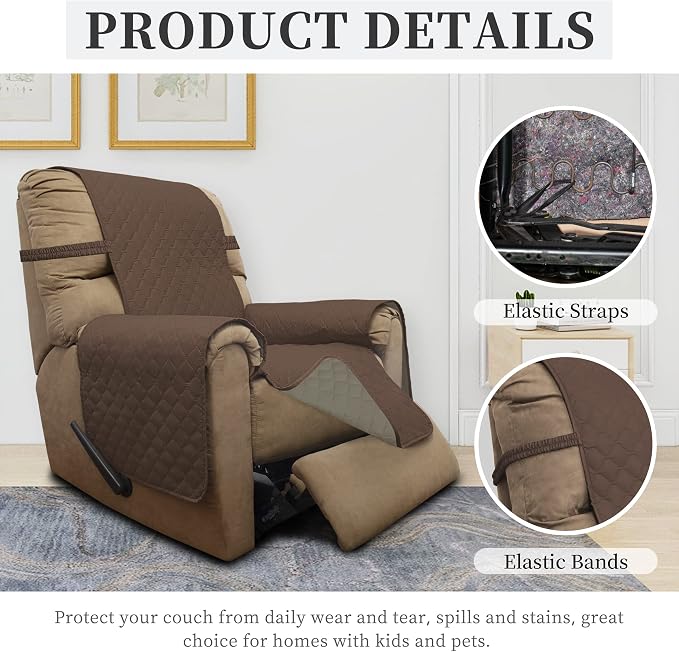 ISSUNTEX Double Protection 100% Waterproof Recliner Covers for Living Room, Reversible Furniture Protector Recliner Couch Sofa Slipcover for Dogs, Pets, Kids (Recliner, Brown/Beige) - Image 5
