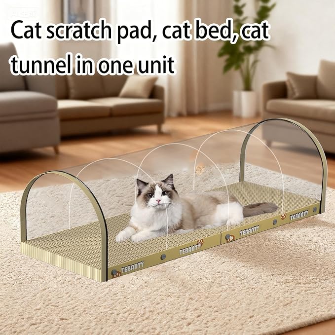 3 Function in 1 Cardboard Cat Scratcher Board, 31.5 in Cat Scratcher House, Cat Scratchers for Indoor Cats, Arched Cats Scratch Pad As Cat Bed, Cat Tunnel for Sleep, Grind Claws (Beige) - Image 3