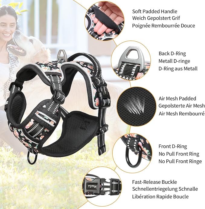 HEELE Dog Harness Harness for Small Dogs No Pull Dog Vest Harness for Small Dog with Soft Padded Handle Reflective for Outdoor Training, Flower-Black, XS | No Choke with Control Handle, Soft Breathable Padded Pet Vest, Adjustable, Reflective Front Clip... - Image 2