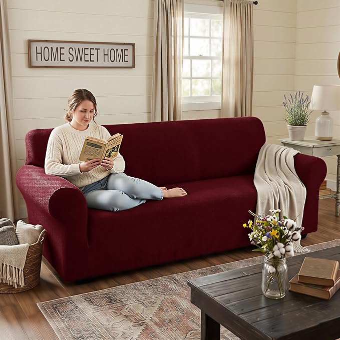 XINEAGE Stretch Jacquard Loveseat Cover, Non Slip Sofa Slipcover for Dog | High-Stretch Fabric. Wear-Resistant, Pet Friendly. Easy Install & Washable for Living Rooms, Offices.Wine Red - Image 3