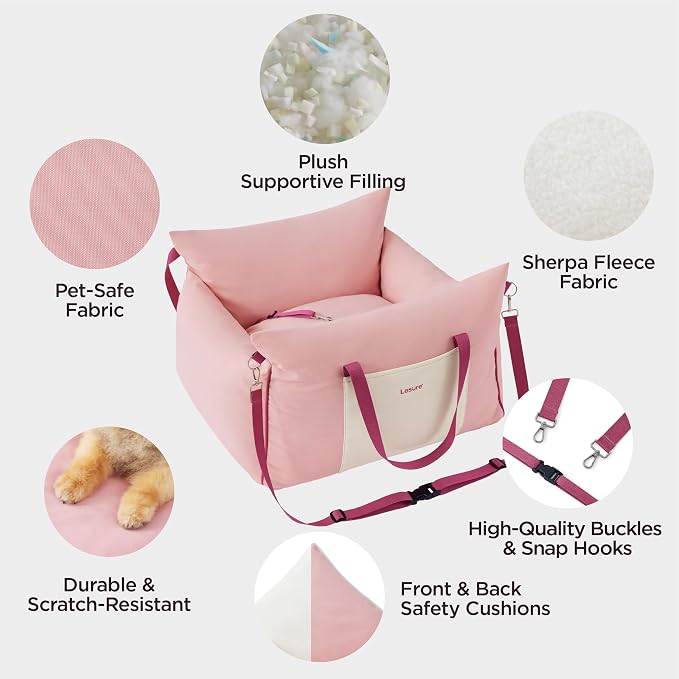 Lesure Dog Car Seat for Small Dogs,Booster Car Bed for Puppy Under 25lbs | Soft Pet Carseat with Clip-On Safety Leash and Thickened Memory Foam Filling,Dog Travel Carrier Bed with Storage Pocket,Pink - Image 4