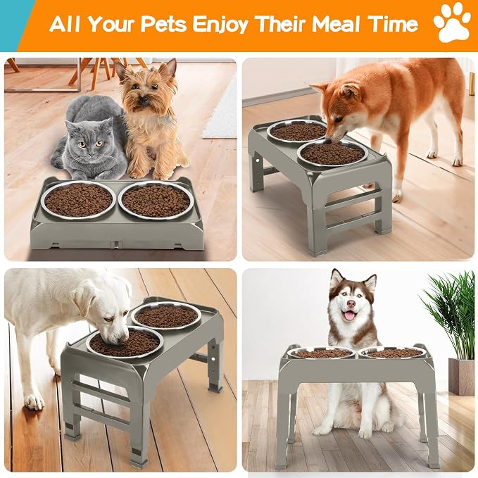 Elevated Bowls, 4 Height Adjustable Raised Stand With 2 Thick 50oz Stainless Steel Food Bowls, Non-Slip Feeder for Dogs, Adjusts to 3.7", 9.2", 10.75", 12.36" Light Brownish Gray - Image 8