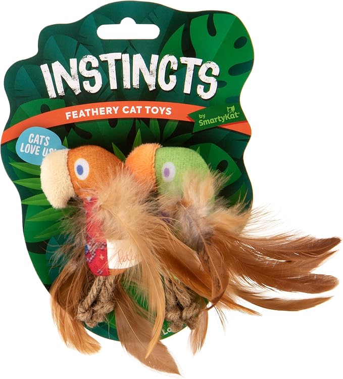 Instincts by SmartyKat 2-Pack HappyNip Love Mates Feather Birds Plush Cat Toys, Contains Catnip & Silvervine - Orange/Green, 2-Pack - Image 2