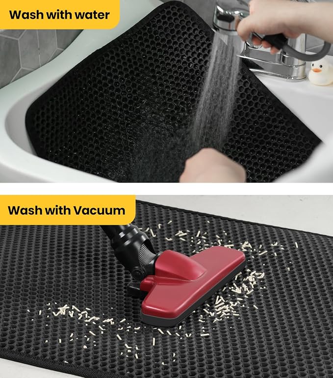 Cat Litter Trapping Mat, 27"x19" Universal Fit Litter Box Floor Mat, Hexagon Grids & Anti-Leak Base, Machine Washable, Non-Slip Kitty Mat for Most Homes, Black - Image 7