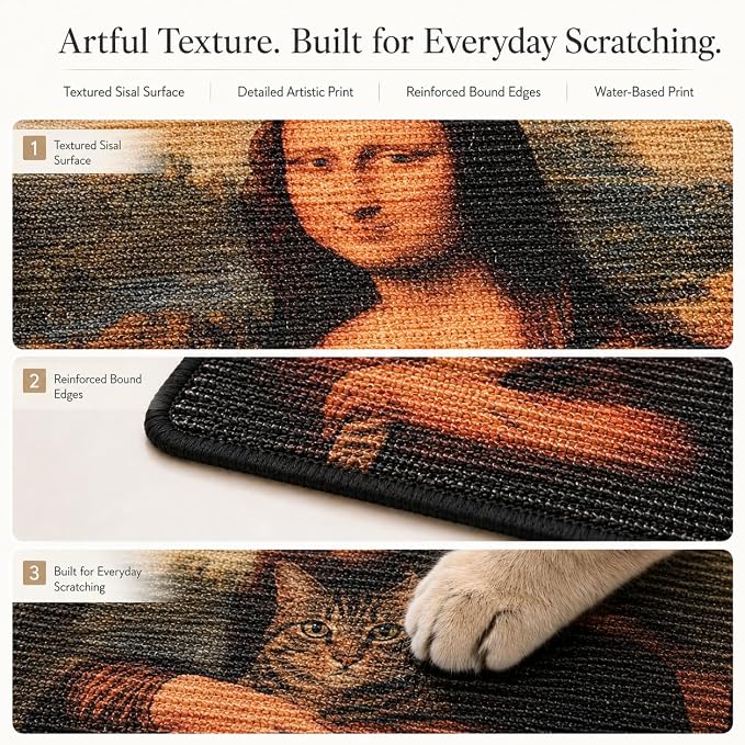 Art Sisal Cat Scratcher Mat, Cat Wall Scratchers for Indoor Cats | Wall Mounted Cat Scratcher, Natural Sisal, No-Drill Hook & Loop Setup, Floor or Wall Use, 23.6 x 15.7 Inch, Mona Lisa - Image 5