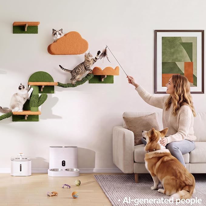 Cactus Floor to Ceiling Cat Tower, 14-in-1 Cat Wall Shelves, Green | Cats Tree with Adjustable Height(87-104 IN), Cat Climbing Wall Furniture Set for Adult Cats, with Scratching Post, Cloud - Image 6