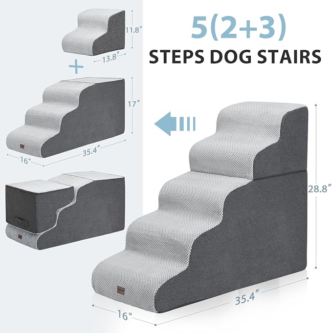 Garnpet Dog Stairs for High Beds, 5-Step Dog Steps for Small Dogs and Cats, Foldable Pet Stairs for High Bed Climbing, Non-Slip Balanced Pet Step Indoor, Dark Grey - Image 4