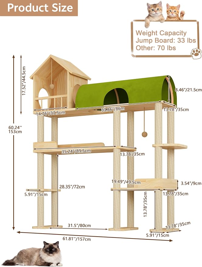 60'' Cat Tree for Automatic Litter Box, for Heavy Cats up to 22lbs | Solid Wood Large Cat Tower with Tunnel & House, Space-Saving for Indoor Multi-Pet Households, Stops Furniture Scratching - Image 2
