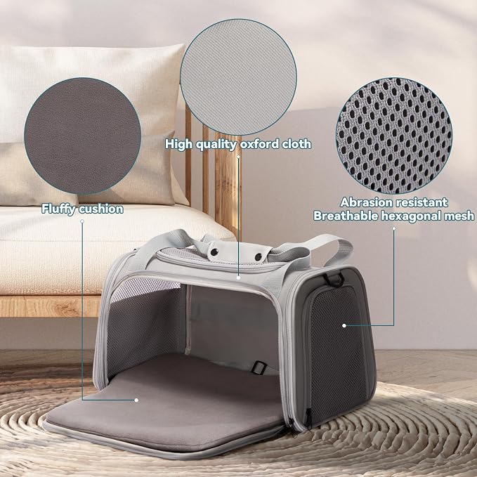 PETSFIT Cat Carrier, Grey, Small and Medium Cats Under 12 Lbs | Airline Approved, Soft Carrier, Soft Cat Travel Bag, Kitten Carrier with Extendable Mat - Image 3