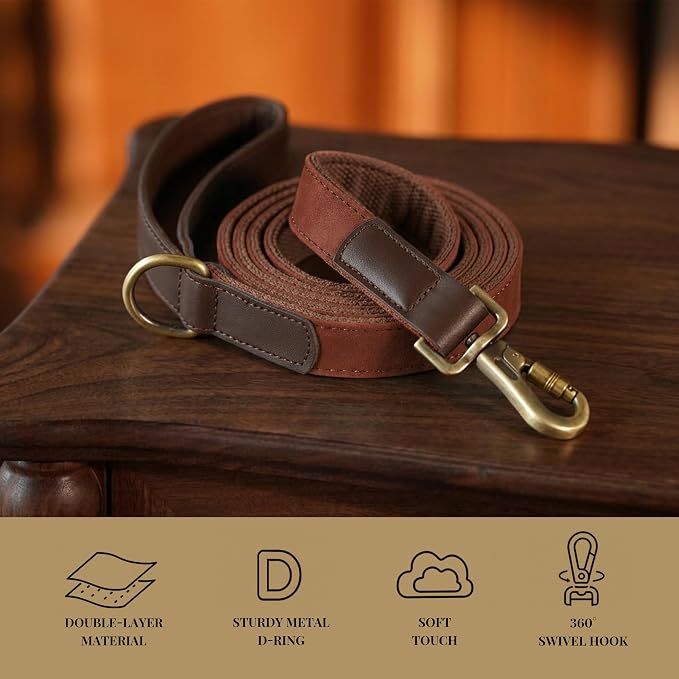 PU Leather Dog Leash for Large Dogs, 6ft Soft Padded Handle, Brown | Comfortable Grip for Daily Walking Training, Full Control, Metal D-ring, Tangle-Free 360° Swivel Clasp, Easy to Clean, 1 inch - Image 4