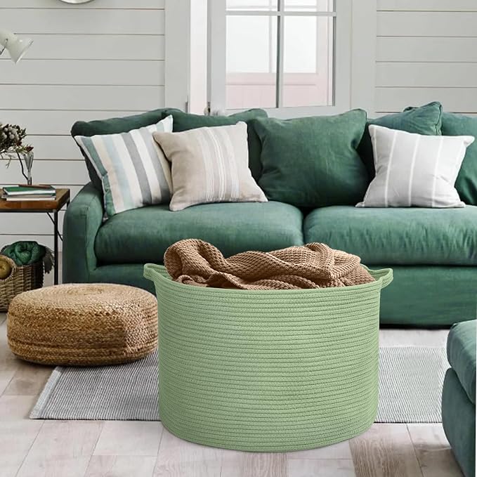 MEGASKET Extra Large Green Basket, 22" X 22" X 14" Woven Cotton Rope Baskets for Blankets, Nursery Laundry Basket, Cute Kids Toy Storage Bin, Green Living Room Bedroom Decor Baskets for Organizing - Image 5