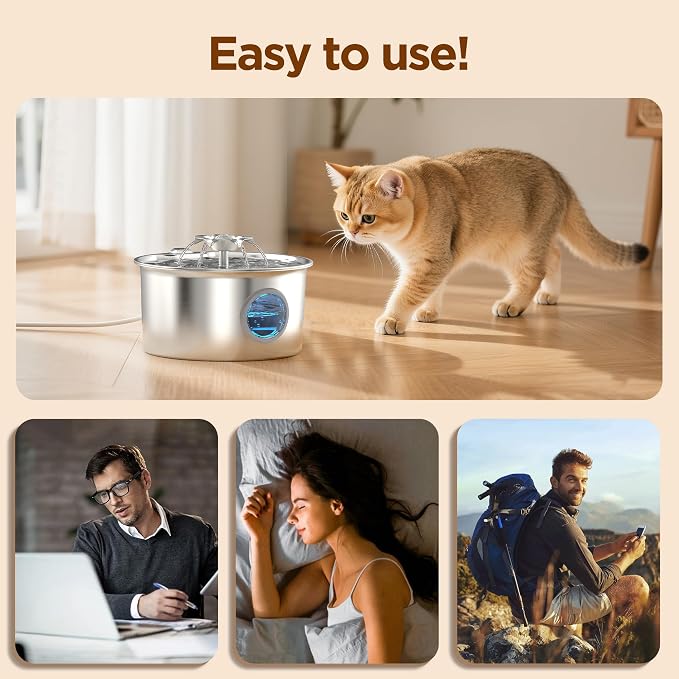 Stainless Steel Cat Water Fountain: 88oz/2.6L Pet Fountain for Drinking | Water Fountain for Cats Inside with Flower Quiet Cat Dispenser Kitty Drinking Fountain Indoor - Gifts for Pets, Small Animals - Image 7