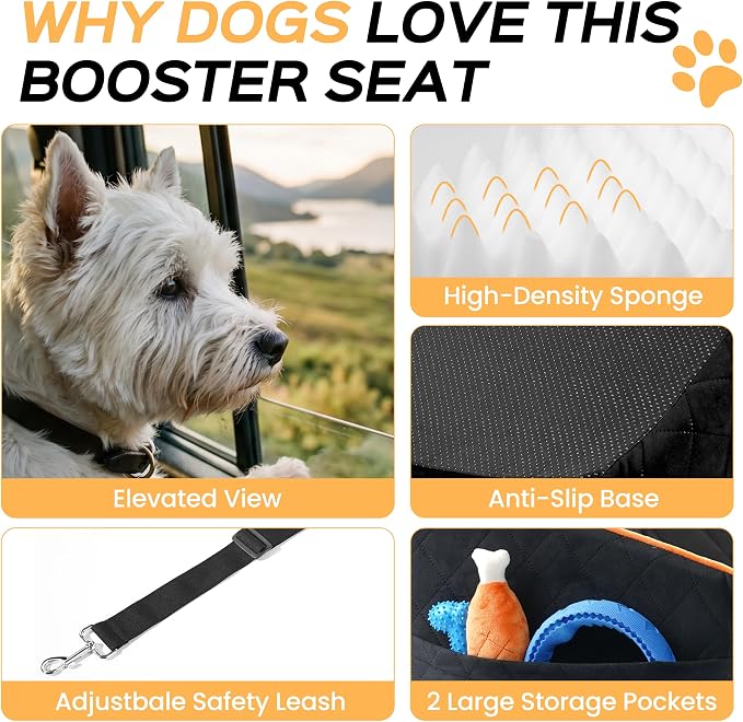 HiPetpy Dog Car Seat 6" Elevated Memory Foam Booster Seat for Small Medium Dogs Under 35 lbs with Pet Blanket, Washable Pet Car Seat with Safety Leash, Anti-Slip Base and Storage Pockets - Image 6
