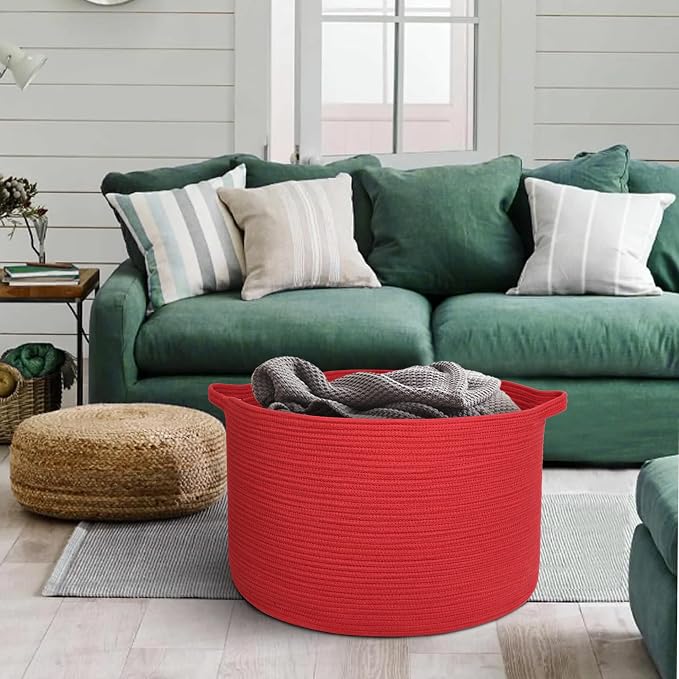 MEGASKET Extra Large Red Basket for Organizing, 22" X 22" X 14" Woven Cotton Rope Bins for Blankets, Baby Nursery Wicker Laundry Basket, Kids Dog Toy Storage Box, Big Red Living Room Decor Organizer - Image 5