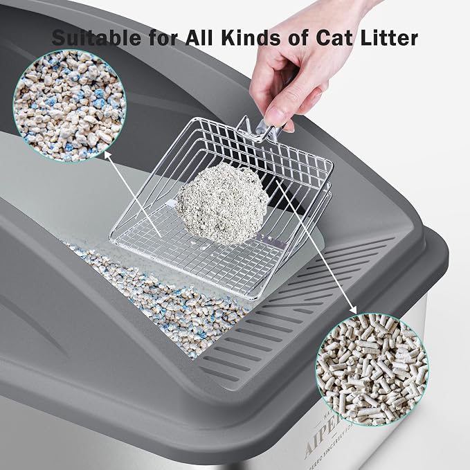AIPERRO Stainless Steel Litter Box | XL Metal Cat Litter Boxs with Lid | Enclosed High Sided for Big Cats | Anti-Urine Leakage | Non-Stick & Easy to Clean with Litter Mat & Metal Scoop (Dark Gray) - Image 9