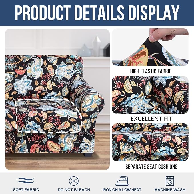hyha Stretch Couch Cover, Sofa Covers for 2 Separate Cushion Couch Washable | Loveseat Cover, Floral Pattern, Printed, 3 Pieces, 2 Seater Furniture Protector with Elastic Bottom for Dogs, Pet Friendly - Image 4