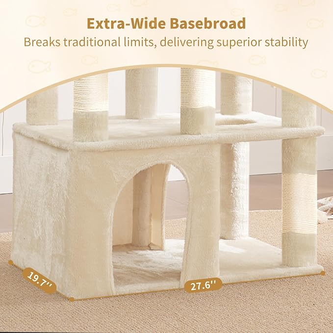Heybly Cat Tree, 71-Inch Tall Cat Tower for Large Maine Coon Cats HCT03MG | Cat Condo Furniture with Extra-Large Baseboard, Multi-Level Platforms, 2 Hammocks and 12 Scratching Posts, Beige - Image 3