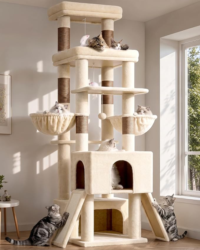 Globlazer Heavy Duty Cat Tree 78 inch Sturdy Cat Tower for 20lbs Large Adult Cats, Symmetrical Aesthetic Big Cat Tree with Extra Large Platform, 2 Scratching Boards, Z78, Beige by Globlazer