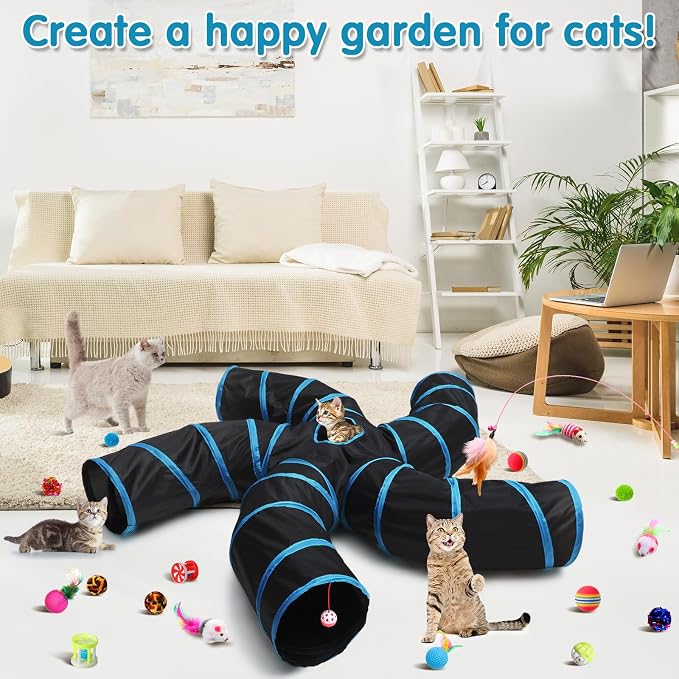 Poen 21 Pcs Cat Tunnel for Indoor Set Collapsible 5 Way Tubes with 20 Pcs Cat Kitten Toys Interactive Feather Toy Mouse Crinkle Balls Tube for Puppy Kitten Rabbit(Blue Black) - Image 3