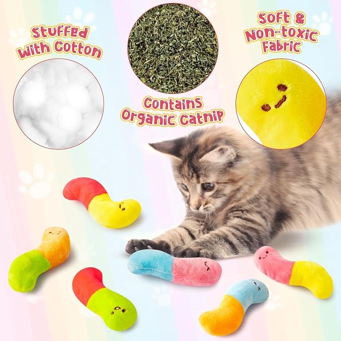 L1rabe Worm Candy Catnip Stuffed Toys for Cats- 6P Black Cat Appreciation Day Colorful Worm Organic Kittens Toys Funny Indoor Chew Bite Kick Tools, Interactive Pet Supplies Cat Kittens Lovers - Image 3