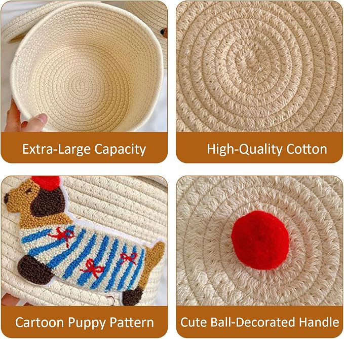 Cute Dog Cotton Rope Storage Basket with Lid, 10"×10"×9" Woven Storage Bin, Large Capacity Dustproof Toy Organizer, Decorative Laundry Hamper for Living Room, Nursery, Kids Room (Small) - Image 3