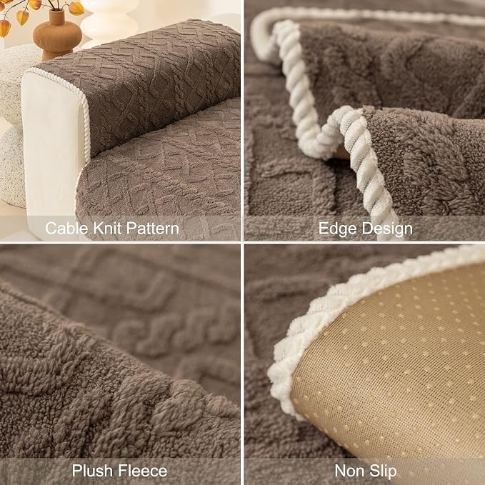 vctops Geometric Jacquard Plush Sofa Couch Covers Farmhouse Neutral Non Slip Sectional Couch Cover Soft Warm Sofa Slipcover for Dogs, Children, Pets Furniture Protector (Brown,36"x82") - Image 7