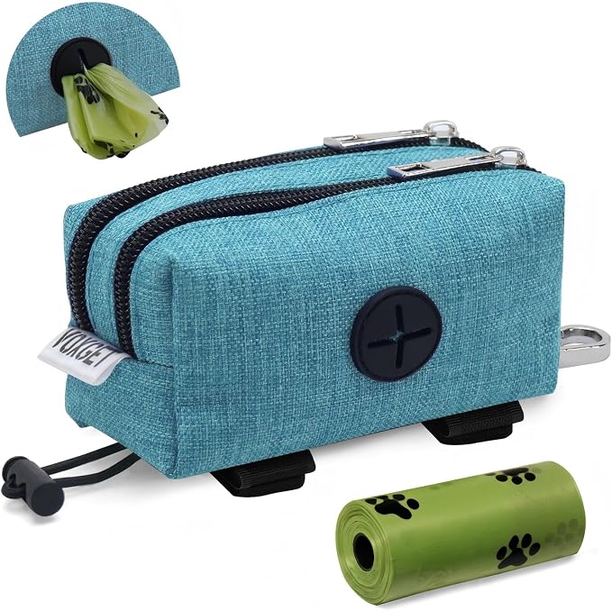 Dog Poop Bag Holder with Treat Pouch, 2 Zipper Pockets & Leash Clip | Waste Bag Dispenser with 1 Roll Poop Bags, Quick Access Treat Storage, Hands-Free Design for Dog Walking, Training & Travel by VOXGET