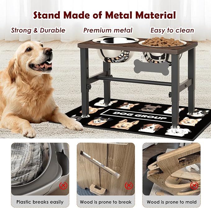 SHAINFUN Elevated Dog Bowls with Slow Feeder & Mat for Medium and Large Dogs, 12" Tall Adjustable Wooden & Metal Raised Dog Bowl Stand, 2 Stainless Steel 58oz Bowls for Food & Water - Image 5