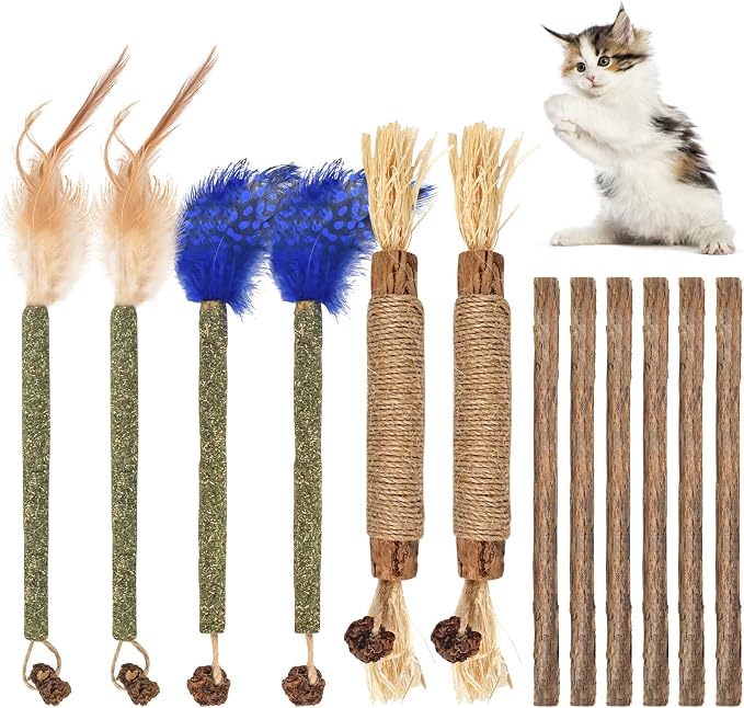 Bissap 12 PCS Silvervine Chew Sticks for Cats, Catnip Chew Sticks Cat Toys for Indoor Cat Kitten Teeth Grinding Interactive Feather Toys for Aggressive Chewers Dental Care by Bissap