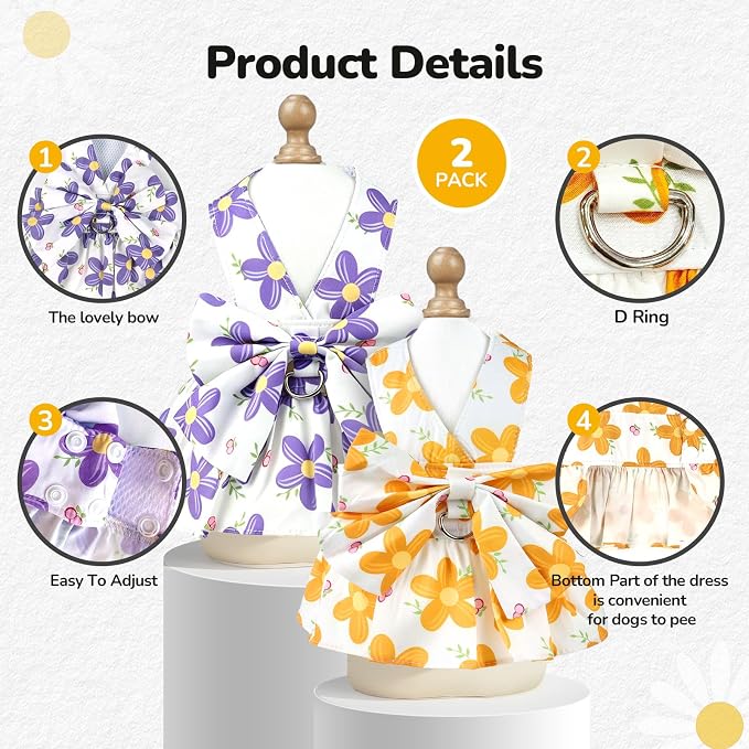 2Pack Small Dog Harness Dress for Girl Puppy Cat Dress with Flower Pattern Bow Adjustable Breathable Lining Back D-Ring Cute Outfits for Small Puppy, Cat Dresses for Cats Only or Dog Girl Clothes - Image 5