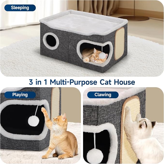 Shikha Extra Large Cat House Bed for Multi Cats with Scratch Pad Grey | 24 x 17.7 x 12.6 IN Widen Cat Cave Cube for Multi Pets, Foldable, Arc-Edge Design, Oval Door, All Seasons Reversible Cushion - Image 5