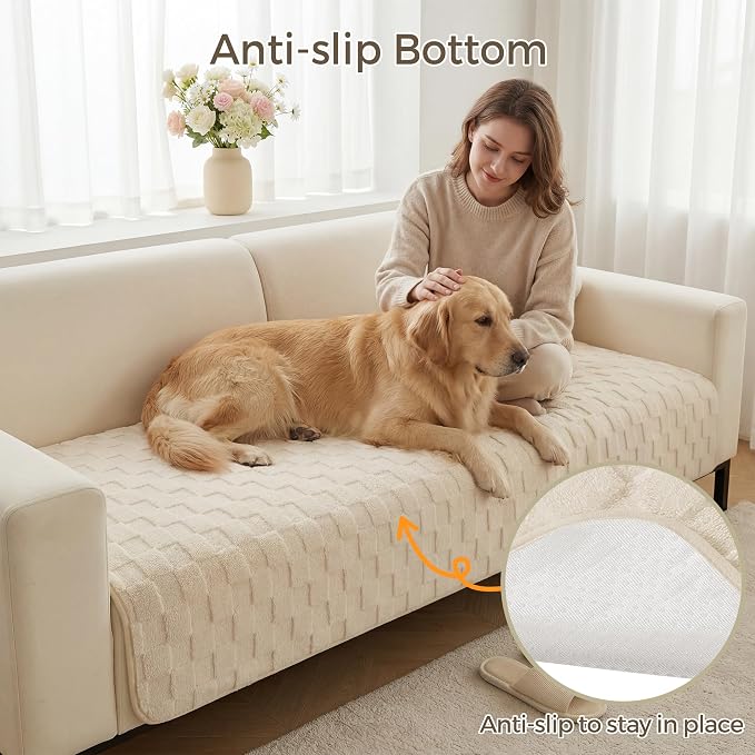 Foxdecor Couch Cover for Dogs Sofa Covers Non Slip Couch Pad Pet Friendly | Pet Couch Covers Washable Sofa Protector, Furniture Cover Couch Seat Protector for Living Room, Cream White 30x70 Inch - Image 4