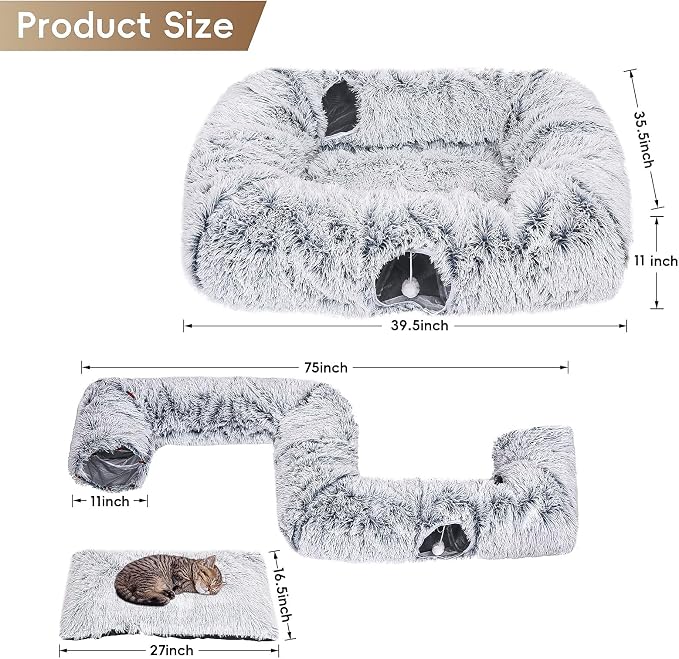 Extra Large Cat Tunnel Bed, 4 Ways Tunnels for Indoor Cats, Multi-cat Family Cat Bed & Cave, Plush Cat Donut with Washable Middle Mat, Exit Balls, Pet Play Toy for Kitten Puppy Rabbit, Grey - Image 4