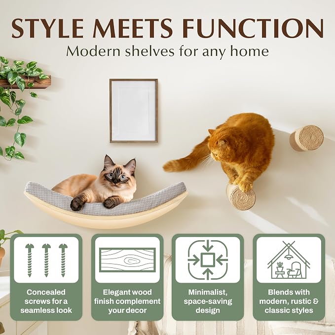 Extra Large 23.6”×14.6” CALLICO HAVEN- Stylish Cat Wall Shelves with Curved Design, Modern Wall-Mounted Cat Tree Hammock with Soft Cushion, Sturdy/Hidden Mounts, Washable Cover, Sleek Design -C Shape - Image 6