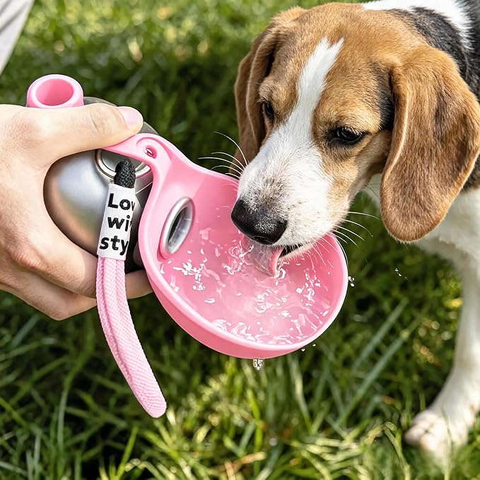 Dog Water Bottle Portable - 2 in 1 Stainless Steel Tumbler with Foldable Round Silicone Ball Bowl, 2-in-1 Leak-Proof Design for Dogs Pet Travel Walking Drinking（Pink） - Image 9