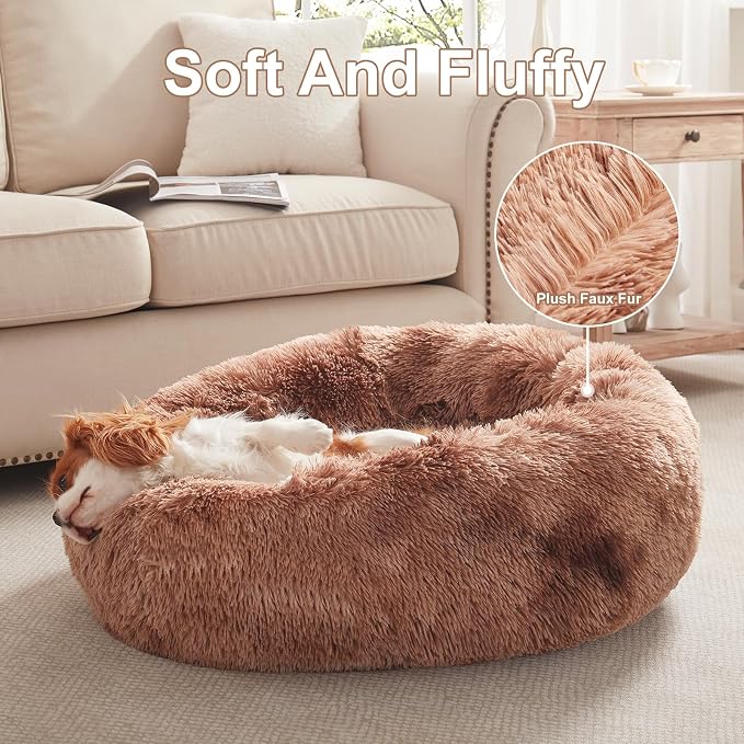 30 in Faux Fur Fluffy Donut Dog Bed for Medium Dogs,Tie-dye Brown | Calming Plush Round Pet Bed with Removable & Washable Cover,Fits up to 45 lbs Pets - Image 4