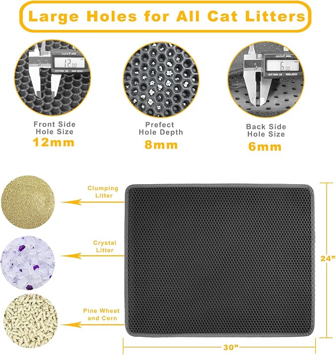 LeToo Cat Litter Mat Large 30 x 24 in No Phthalate Non-Slip Urineproof Grey | Premium EVA Sleeping Pad, Honeycomb Double Layer Design Kitty Scratcher, Litter Box Trapping Rug, Washable Vacuum Easy Clean - Image 5