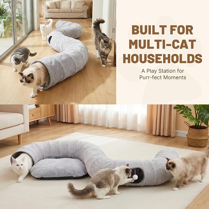Extra Large Cat Tunnel, 47.2in Multi-Cat Family Big Cat Tunnel for Cats | Long Cat Tunnel Bed with Washable Plush Mat, XXL Pet Play Tunnel Toy for Cats, Puppy, Rabbits Grey - Image 2