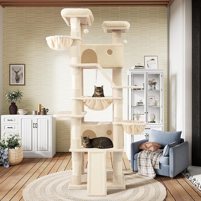SHA CERLIN 81in Multi-Level Tall Cat Tree Tower for Indoor Kitties/Larger Cat Condo Furniture with Hammock/Cozy Pussycat Perches/Sisal Scratching Posts/Pet House/Wide Base/Beige - Image 3