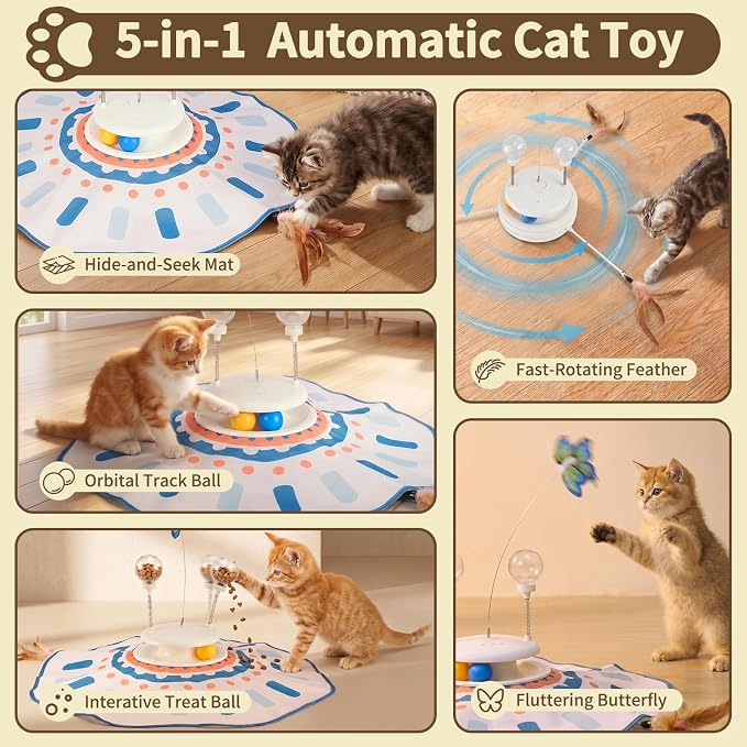 MOHAYA Interactive Cat Toy 5-in-1, Smart Automatic Cat Toys for Bored Indoor Cats, Motion & Sound Activated Toy with Fluttering Butterfly, Moving Feather, Track Balls & Slow Feeder Treat Dispenser - Image 2