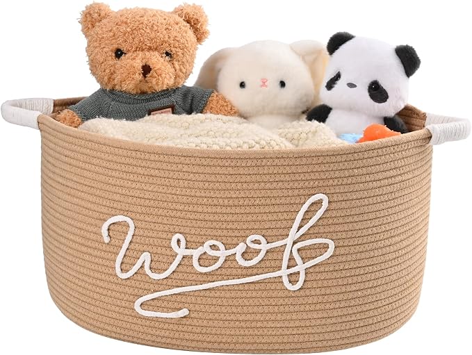 Woof Dog Toy Basket, Large Dog Toy Storage Bin with Durable Handles, Woven Dog Basket for Blankets, Toys, Chews, Pet Toy Storage Box for Nursery, Living Room, Bedroom, 17”x12”x9, Beige by Degeyoyo