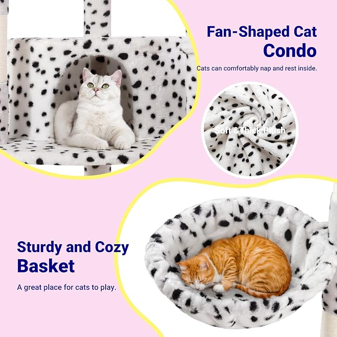 Allewie 73in Fan-Shaped Space-Saving Corner Cat Tower/Multi-Level Tall Cat Tree for Indoor Kitties/Cozy Baskets/Condos/House/Perches/Sisal Scratching Posts/Pet Activity Center/White & Black Spot - Image 6