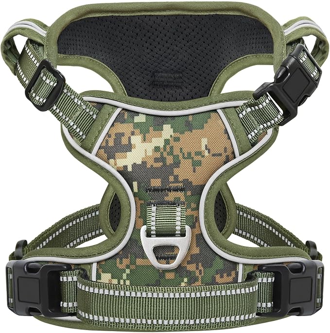 Timos Small Dog Harness, No Pull No Choke, Easy On & Off, Military Green, S | Adjustable Reflective Soft Padded, Neck Quick Release with 3 Buckles, Front & Back 2 Clips and Handle for Walking Training by Timos