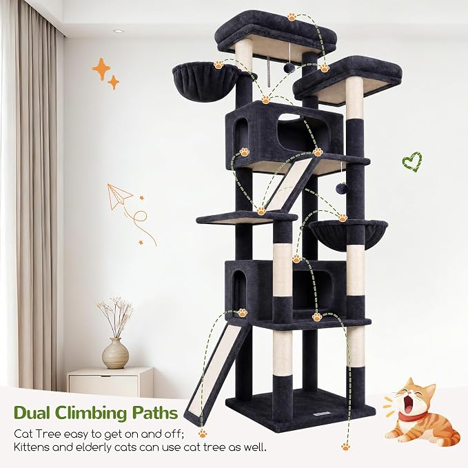 Globlazer 79in Heavy Duty Cat Tree for Large Cats, S79, Beige | Tall Cat Tower with 6 Scratching Posts, Cat tree for Indoor Cats Large Adult with 2 Perches, 2 Baskets, 2 Spacious Caves - Image 8