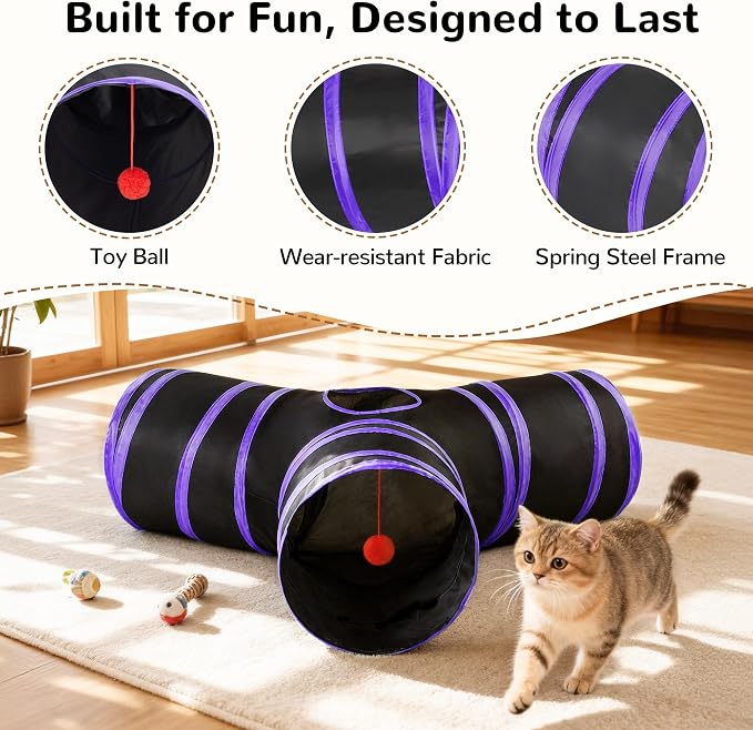 Tempcore Cat Tunnel for Indoor Cats, 3 Way Collapsible Pet Play Tunnel with Teaser Wand, Peek Holes & Hanging Ball, Interactive Tube for Kittens & Rabbits, Black & Purple - Image 5