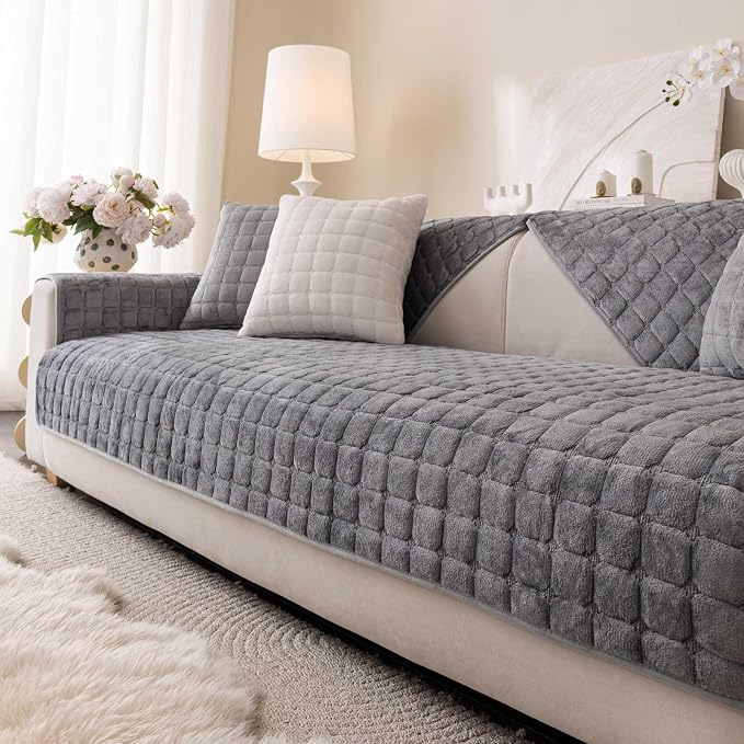 Velvet Washable Couch Cover for Pets Dogs, Non Slip Sectional Sofa Covers for 3 Cushion Couch Sofa L Sharped Sofa Slipcovers, Furniture Protector (1 PCS 36"x63",Dakr Grey) by Aucrovee