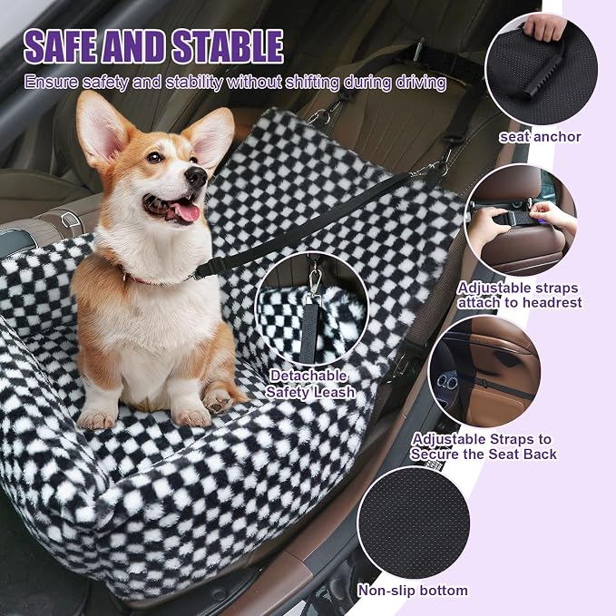 Dog Car Seat for Small Dogs,Medium Dog Car Bed with Detachable Washable Cover,Pet Puppy Booster Cars Seats with Safety Belt Up to 30 lbs(Grid Black) - Image 4