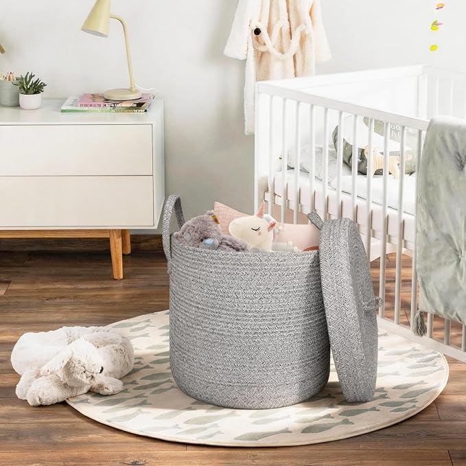 15”x13” Storage Basket with Lid, Blanket Storage for Living Room, Woven Cotton Rope Bin with Cover, Kids Dog Toy Box, Baby Laundry Basket with Lid, Covered Blankets Pillows Holder, Gray - Image 6