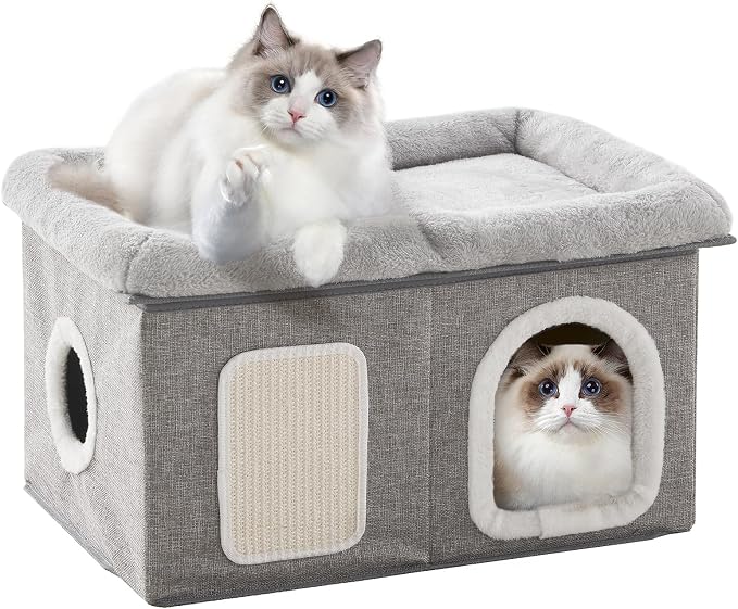 WINDRACING Cat House for Indoor Cats - 24.4" W Extra Wide Cat Bed Cave for Double Small Cats and Foldable with Scratch Pad, Cat Hideaway Condo for Kitten, 24.4x16.9x14.2 Inches, Light Grey by WINDRACING